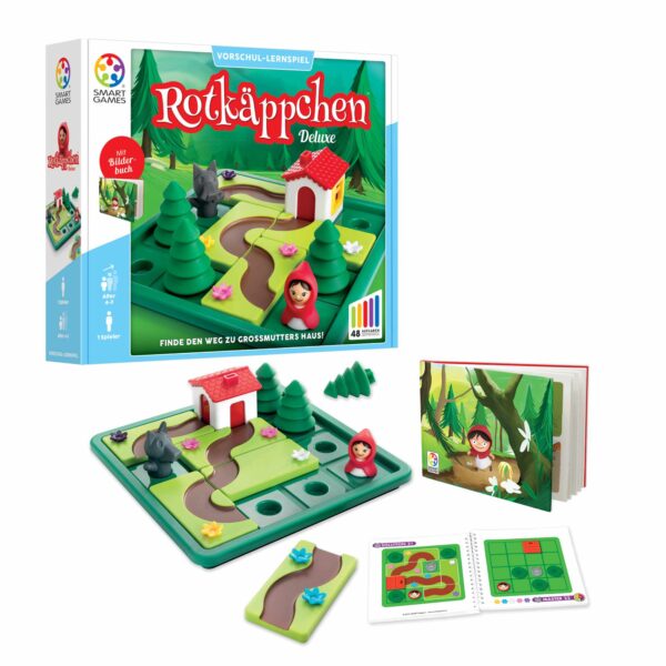 SmartGames Rotkäppchen Deluxe Lernspiel mit Spielbrett, Rotkäppchen, Wolf, Bäumen und Aufgabenbuch für Kinder ab 4 Jahren.