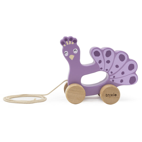Holz Nachziehtier Mrs. Peacock von Trixie, liebevoll gestaltetes Tier zum Ziehen aus Holz für Kleinkinder zur Förderung der Motorik Stofftiger