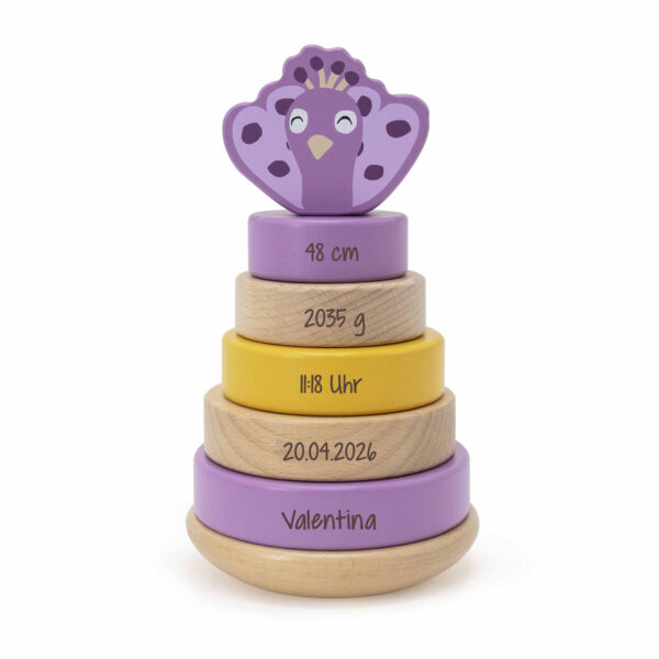 Holz Stapelturm Mrs. Peacock von Trixie, buntes Stapelspielzeug aus Holz zur Förderung von Motorik und Geschicklichkeit bei Kleinkindern Stofftiger