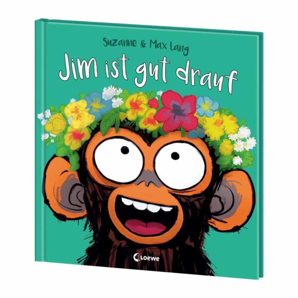 Bilderbuch „Jim ist gut drauf" von Suzanne & Max Lang, Loewe Verlag – fröhlicher Schimpanse Jim auf dem Cover.