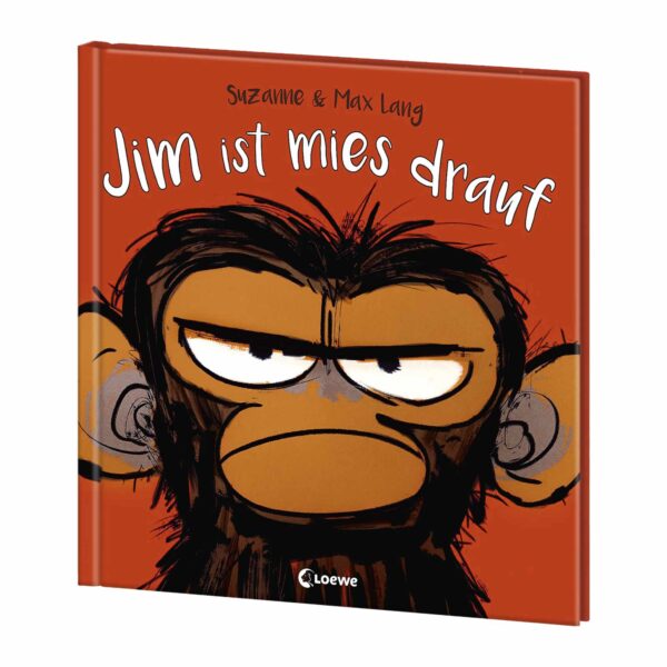 Pappbilderbuch „Jim ist mies drauf" von Suzanne & Max Lang, Loewe Verlag – grimmiger Schimpanse Jim auf dem Cover