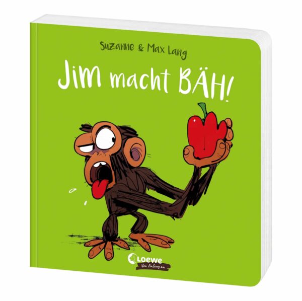 Pappbilderbuch „Jim macht bäh!" von Suzanne & Max Lang, Loewe Verlag – grimassierender Affe Jim vor Essen auf dem Cover.