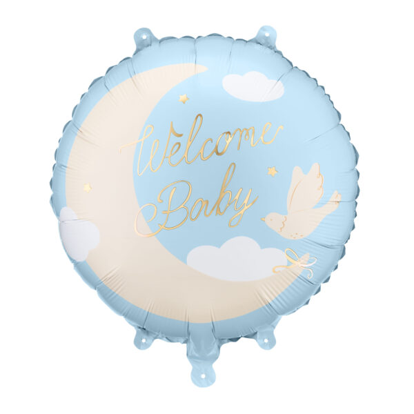 Bunter Folienballon mit Schriftzug von PartyDeco als dekorative Partydekoration für verschiedene Anlässe, Stofftiger, Welcome Baby blau, Babyparty, Geburt