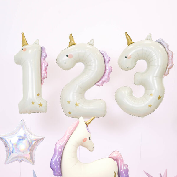 Folienballon Ziffer Einhorn von PartyDeco in Pastellfarben für den ersten Geburtstag und Einhorn Kinderparty, Stofftiger