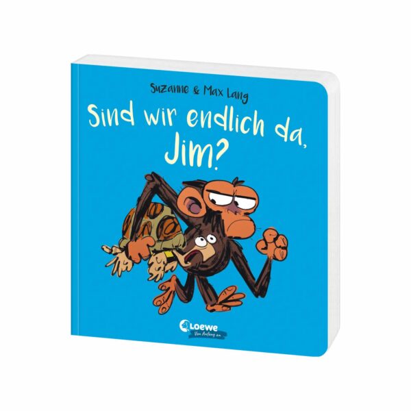 Pappbilderbuch „Endlich da, Jim?" von Suzanne & Max Lang, Loewe Verlag – Schimpanse Jim wartend auf dem Cover.