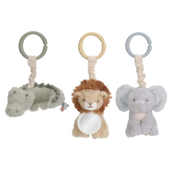 Little Dutch Aktivitätenanhänger Safari Friends aus weichem Material mit liebevollen Details zum Greifen und Fühlen für Babys.