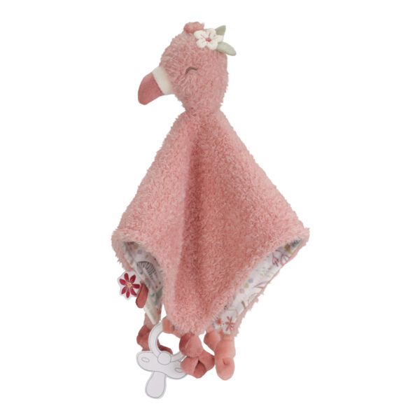 Weiches rosa Little Dutch Schmusetuch Flamingo mit Schnullerschlaufe und Etiketten für Babys. Stofftiger