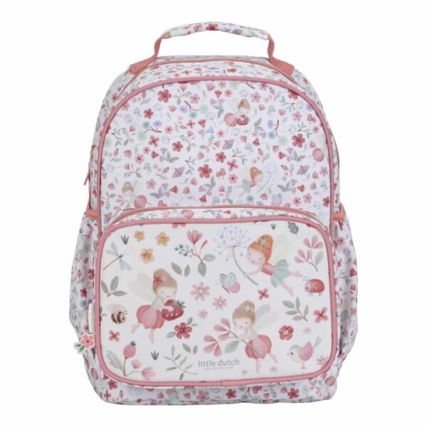 Little Dutch Rucksack Fairies in Weiß mit Fairy Garden-Motiv, verstellbaren Trägern und praktischem Frontfach für Kinder.