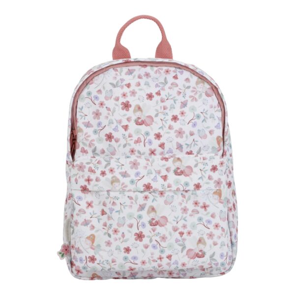 Little Dutch Rucksack Fairies in Weiß mit Fairy Garden-Motiv, verstellbaren Trägern und praktischem Frontfach für Kinder.