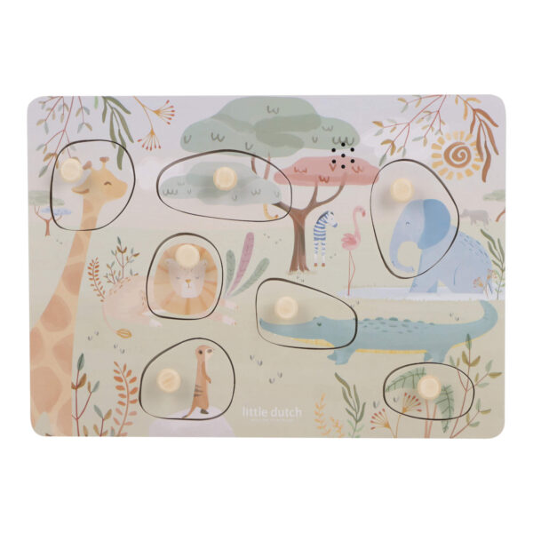 Stofftiger Little Dutch Sound Puzzle Safari Friends mit Lichtkontakt und Geräusche der Tiere Geschenk zum Geburtstag aus Holz