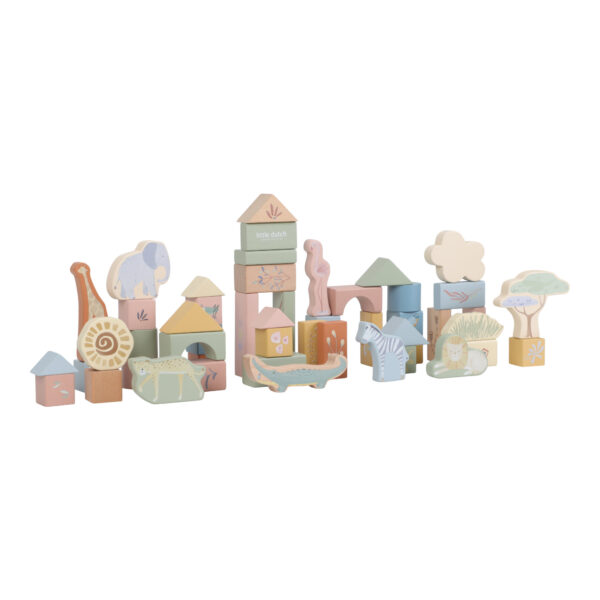 Stofftiger Little Dutch Bausteineset Safari Friends aus Holz mit bunten Motiven und Tieren zum Gestalten und Bauen als Geschenk zum Geburtstag