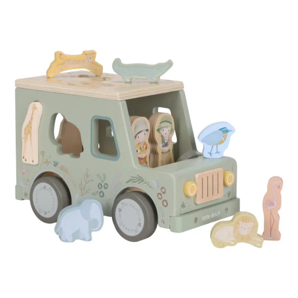 Stofftiger Little Dutch Formen-Steckspiel Safari Friends Jeep Fahrzeug mit Figuren und Tieren aus Holz als Geschenk zum Geburtstag personalisierbar mit dem Namen des Kindes
