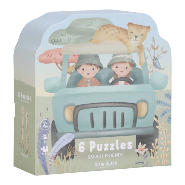Stofftiger Little Dutch 6 in 1 Puzzle Safari Friends mit bunten Motiven als Geschenk zum Geburtstag mit verschiedenen Motivpuzzles