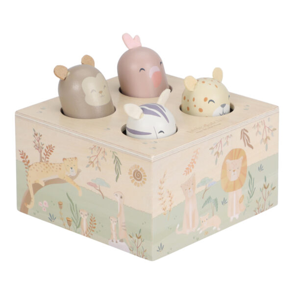 Stofftiger Little Dutch Holz Pop-up Safari Friends lustige Tiere mit bunten Moiven personalisierbar mit dem Namen