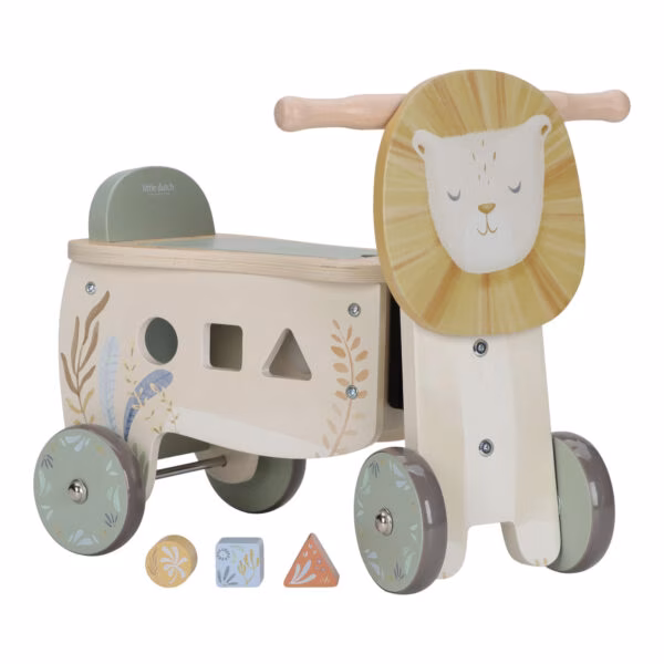 Stofftiger Little Dutch Lauflernwagen Löwe Safari Friends mit bunten Motiven und Elementen als Geschenk zum Geburtstag aus Holz