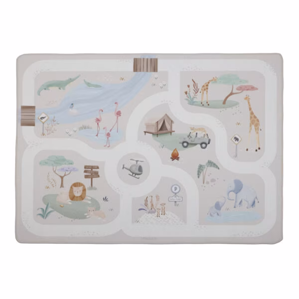 Stofftiger Little Dutch Auto-Spielteppich Safari Friends mit bunten Motiven für jedes Kinderzimmer