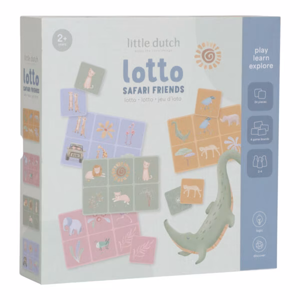 Stofftiger Little Dutch Lotto Spiel Safari Friends mit bunten Motiven aus Karton als Geschenk zum Geburtstag einfache Handhabung