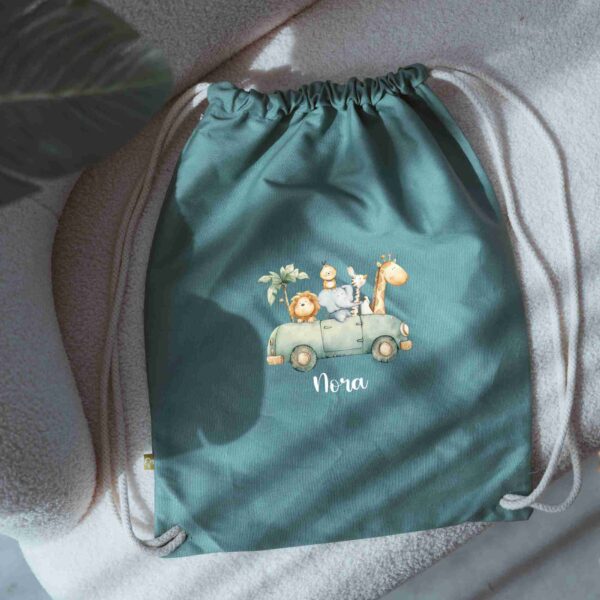 Stofftiger Turnbeutel mit Motiv und personalisierbar für Kindergarten, Schule oder Ausflug, als Tasche für Hausschuhe oder Wechselgewand