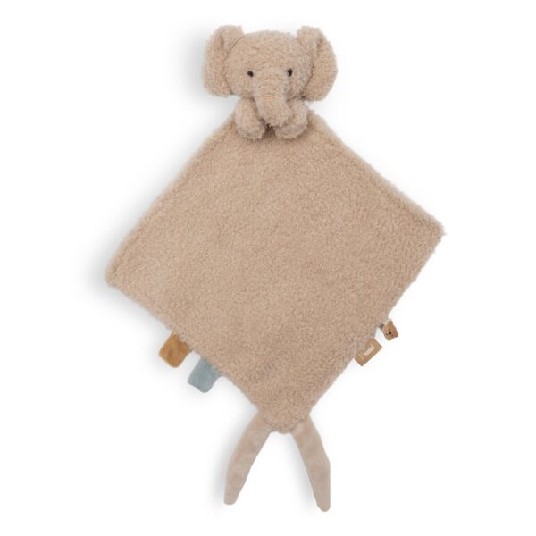 Schmusetuch Elefant Suki von Jollein in Sand aus Teddy-Bouclé mit Elefantenkopf und geknoteten Ecken, Stofftiger