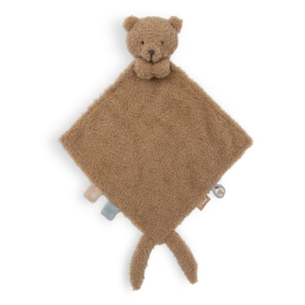 Schmusetuch Bär Brave von Jollein in Karamell aus Teddy-Bouclé mit Bärenkopf und geknoteten Ecken, Stofftiger