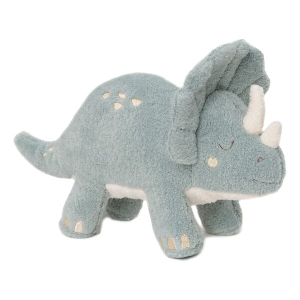 Kuscheltier Dino Roarsome von Jollein in Graugrün mit cremefarbenen Hörnern und Nackenschild, Seitenansicht, Stofftiger