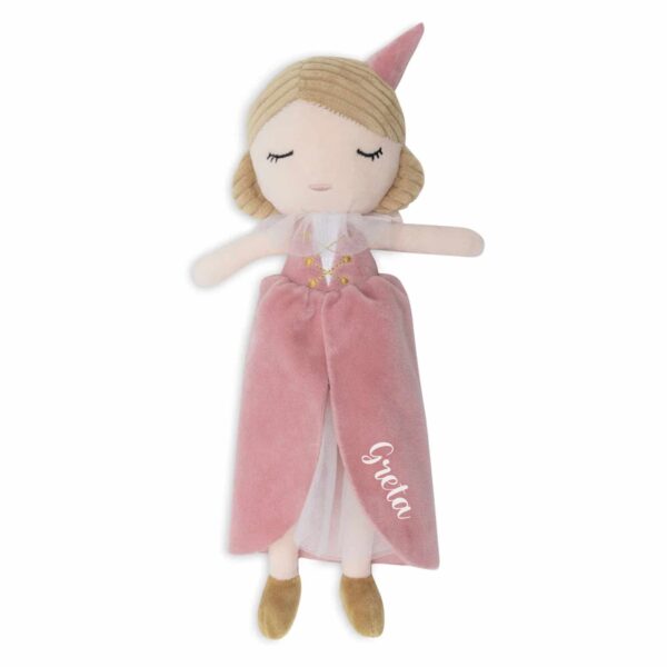 Rückseite der Kuschelpuppe Prinzessin Lynn von Jollein mit Namen personalisiert als Geschenk zur Geburt, Stofftiger