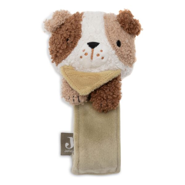Handgelenk-Rassel Hund Mick von Jollein mit Hundekopf aus Bouclé, gelbem Halstuch und salbeigrünem Armband, Stofftiger