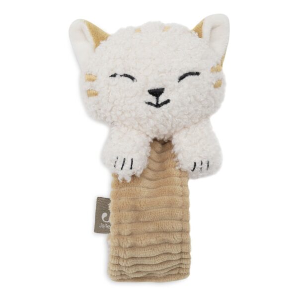Handgelenk-Rassel Katze Charlie von Jollein mit weißem Bouclé-Katzenkopf und beigem Armband aus Rippvelours, Stofftiger