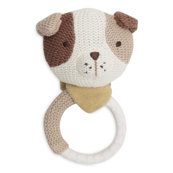 Beißring Hund Mick von Jollein mit gestricktem Hundekopf, beigem Halstuch und weißem Silikonring, Stofftiger