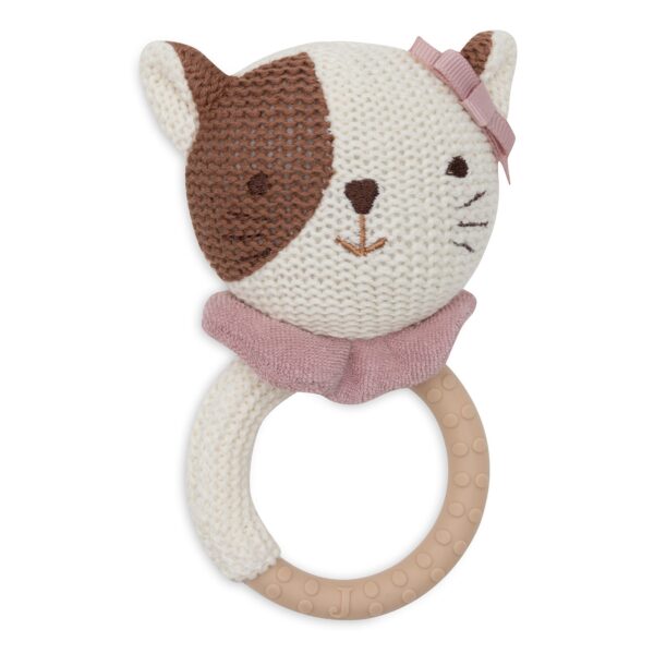 Beißring Katze Jill von Jollein mit gestricktem Katzenkopf, rosa Schleife und Halstuch sowie Silikonring, Stofftiger