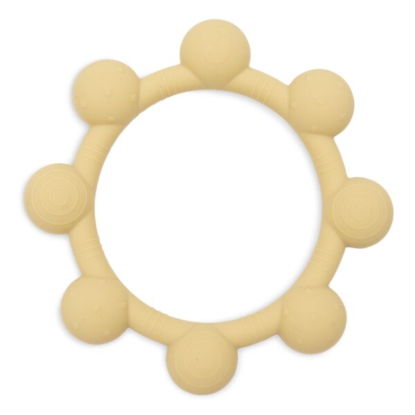 Beißring Silikon Sonne Vanilla von Jollein in Vanillegelb mit rundem Ring und noppenförmigen Strahlen, Stofftiger
