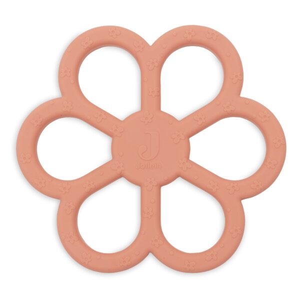 Beißring Silikon Blume Coral Rose von Jollein in Blütenform mit sechs Blütenblättern und Logo-Prägung, Stofftiger