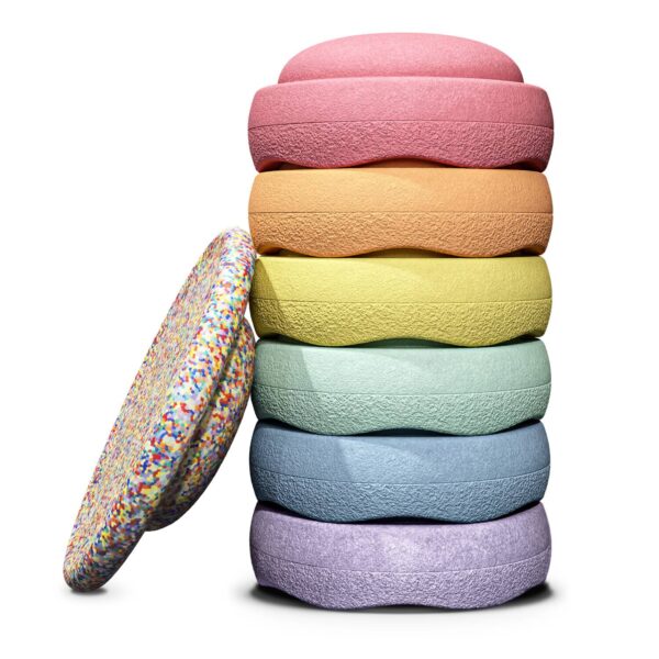 Stapelstein® Rainbow Set pastel – 6 Balancesteine und Balance Board in Pastellfarben aus EPP