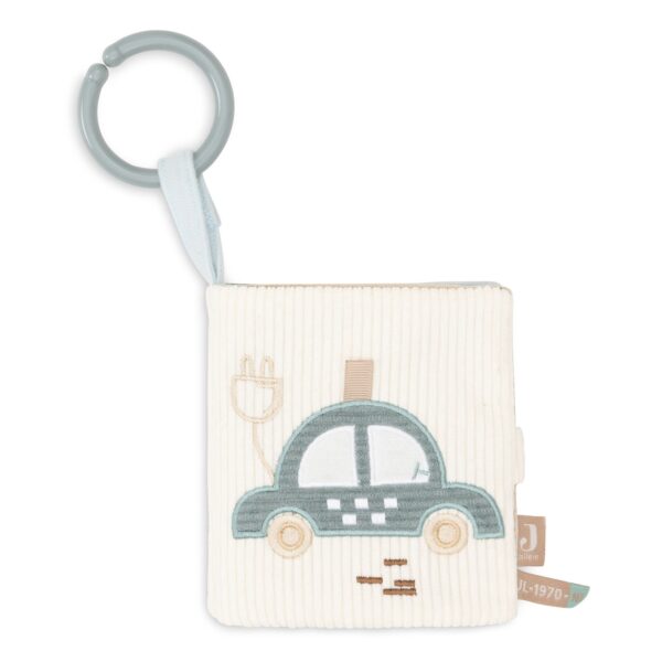 Stoffbuch mit Aktivitäten On The Go von Jollein, geschlossen mit cremefarbenem Cord-Cover und Auto-Motiv, Stofftiger