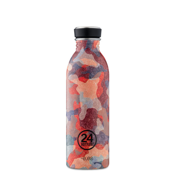 24bottles Trinkflasche camo coral 500ml, Vorderansicht mit Tarnmuster in Koralle und Rosa