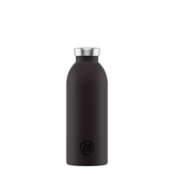 24bottles Thermoflasche stone tuxedo black 500ml, Vorderansicht mit Logo vor weißem Hintergrund