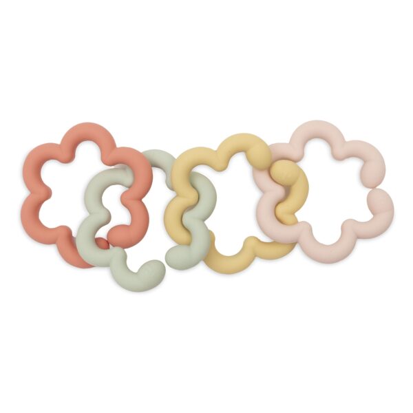 Spielringe Silikon Flowers von Jollein mit vier Blütenringen in Terrakotta, Salbei, Gelb und Rosé, Stofftiger