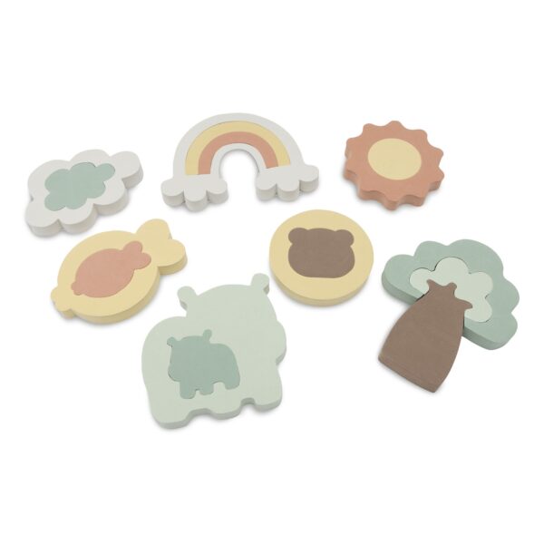 Badepuzzle Foam Kangaroots von Jollein mit sieben Schaumstoffteilen als Wolke, Regenbogen, Sonne und Tiere, Stofftiger
