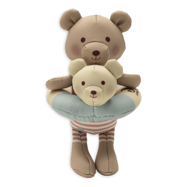 Badepuppe Teddy Bear von Jollein in Braun mit kleinem Teddy im Arm und Schwimmring in Hellblau, Stofftiger