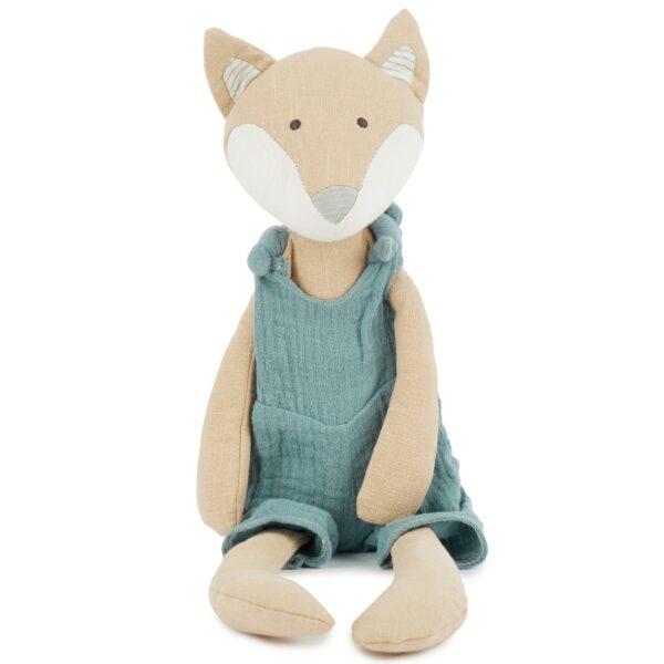 Bieco Kuscheltier Fuchs, Kuschelfuchs von vorne mit Latzhose aus Musselin