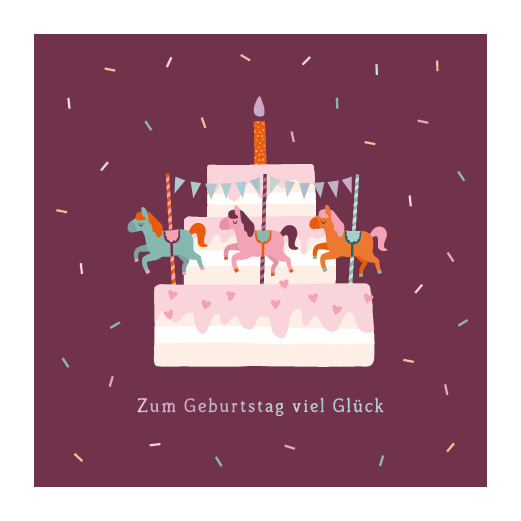 Grafikwerkstatt Klappkarte quadratisch Zum Geburtstag viel Glück, Torte mit Karussellpferden auf Beerenrot