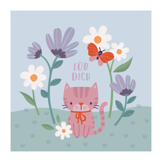 Grafikwerkstatt Klappkarte quadratisch Für Dich, rosa Katze mit Schleife zwischen lila Blumen