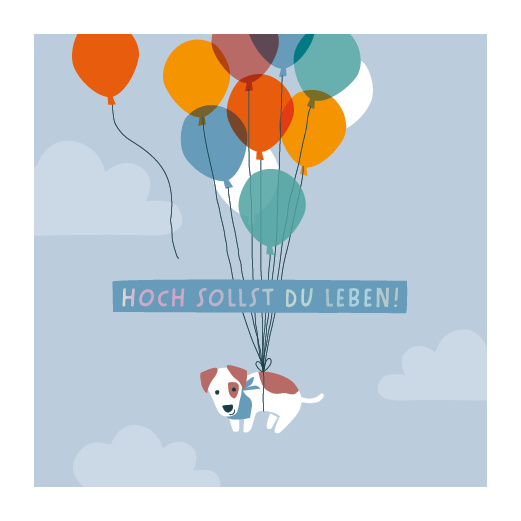 Grafikwerkstatt Klappkarte quadratisch Hoch sollst du leben, Hund schwebt an bunten Luftballons