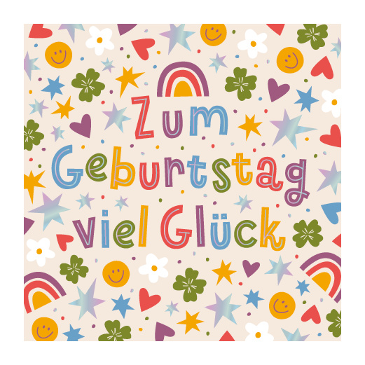 Grafikwerkstatt Klappkarte quadratisch Zum Geburtstag viel Glück, bunte Schrift mit Sternen und Kleeblättern