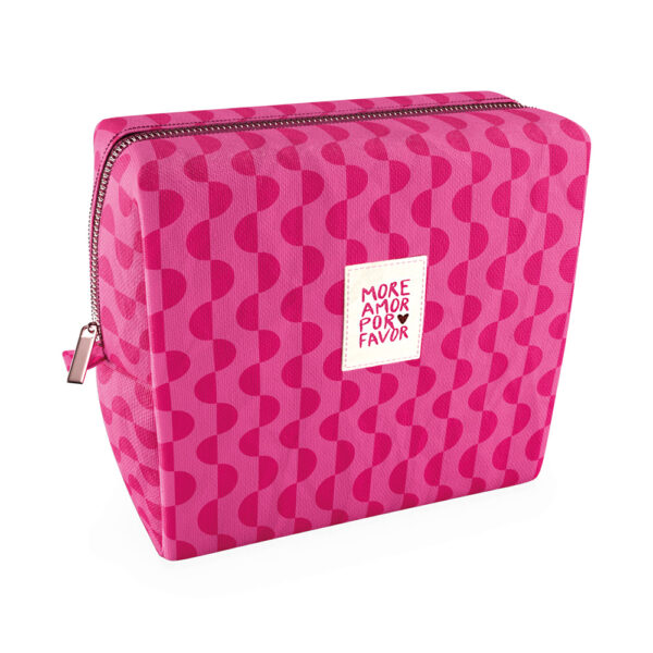 Grafikwerkstatt Kosmetiktasche groß More amor por favor in Pink mit Wellenmuster und weißem Patch mit Herz