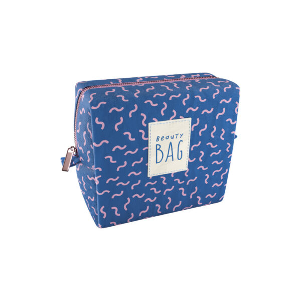Grafikwerkstatt Kosmetiktasche Beauty Bag in Dunkelblau mit rosa Schnörkeln und Patch mit Aufschrift