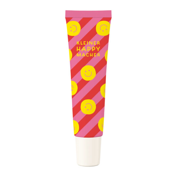 Grafikwerkstatt Handcreme Kleiner Happymacher, pink gestreifte 25 ml Tube mit gelben Smileys, freigestellt