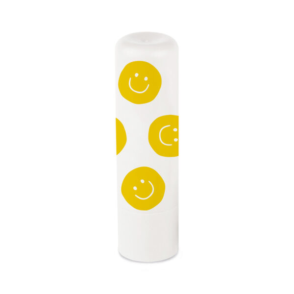 Grafikwerkstatt Lippenpflege-Stift Kleiner Happymacher, weißer Stift mit gelben Smileys, freigestellt