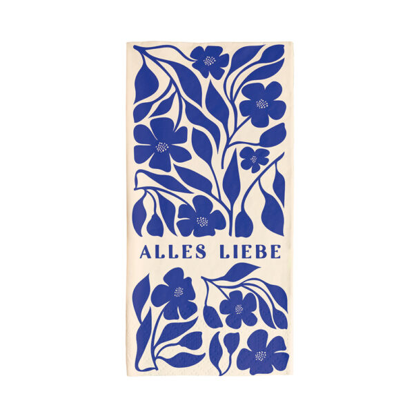 Grafikwerkstatt Servietten hochformatig Alles Liebe, creme mit kobaltblauen Blüten und blauer Schrift