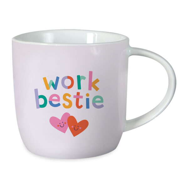 Grafikwerkstatt Tasse work bestie, weiße Porzellantasse mit buntem Schriftzug und zwei Herzen